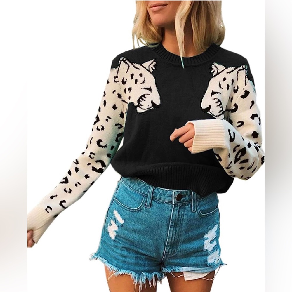 Angashion Women's Sweater Leopard Printed Patchwork Long Sleeve Cropped - NWT